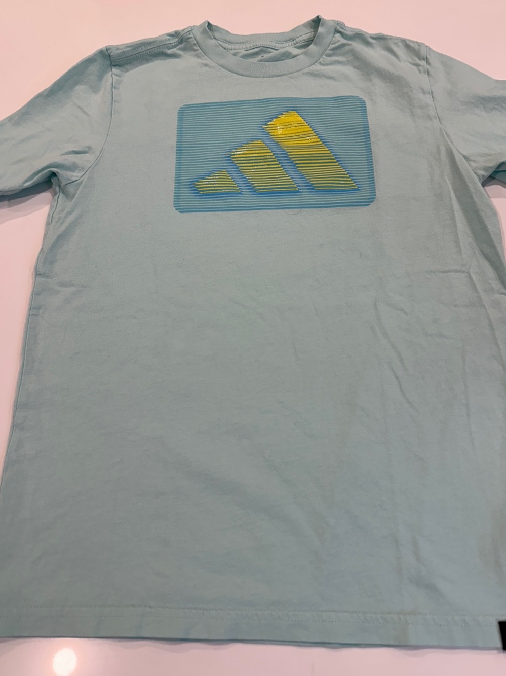 Adidas Boys Aqua Blue Graphic T-Shirt Yellow 3-Bar Logo Size Medium 10-12‎